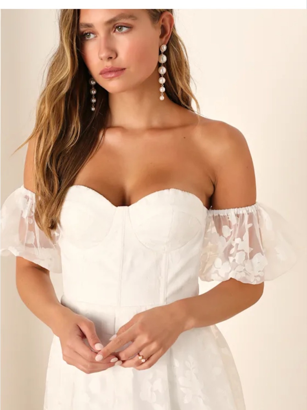 Lulu's White Off-Shoulder Puff Sleeve Wedding Dress